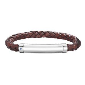 Sterling Silver Men's Leather Bar Bracelet With Blue Saphire